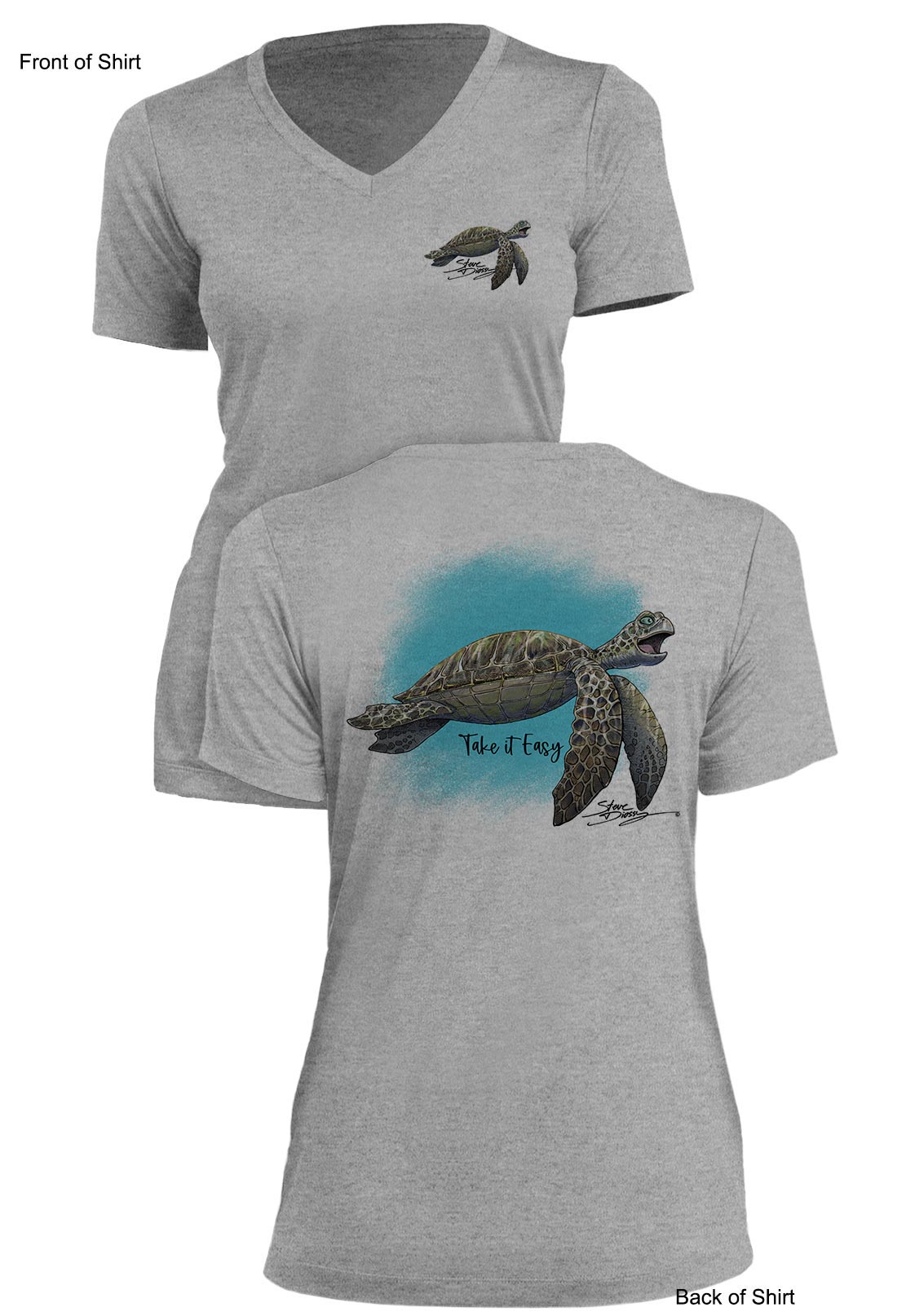 Take It Easy Turtle- Ladies Short Sleeve V-Neck-100% Polyester