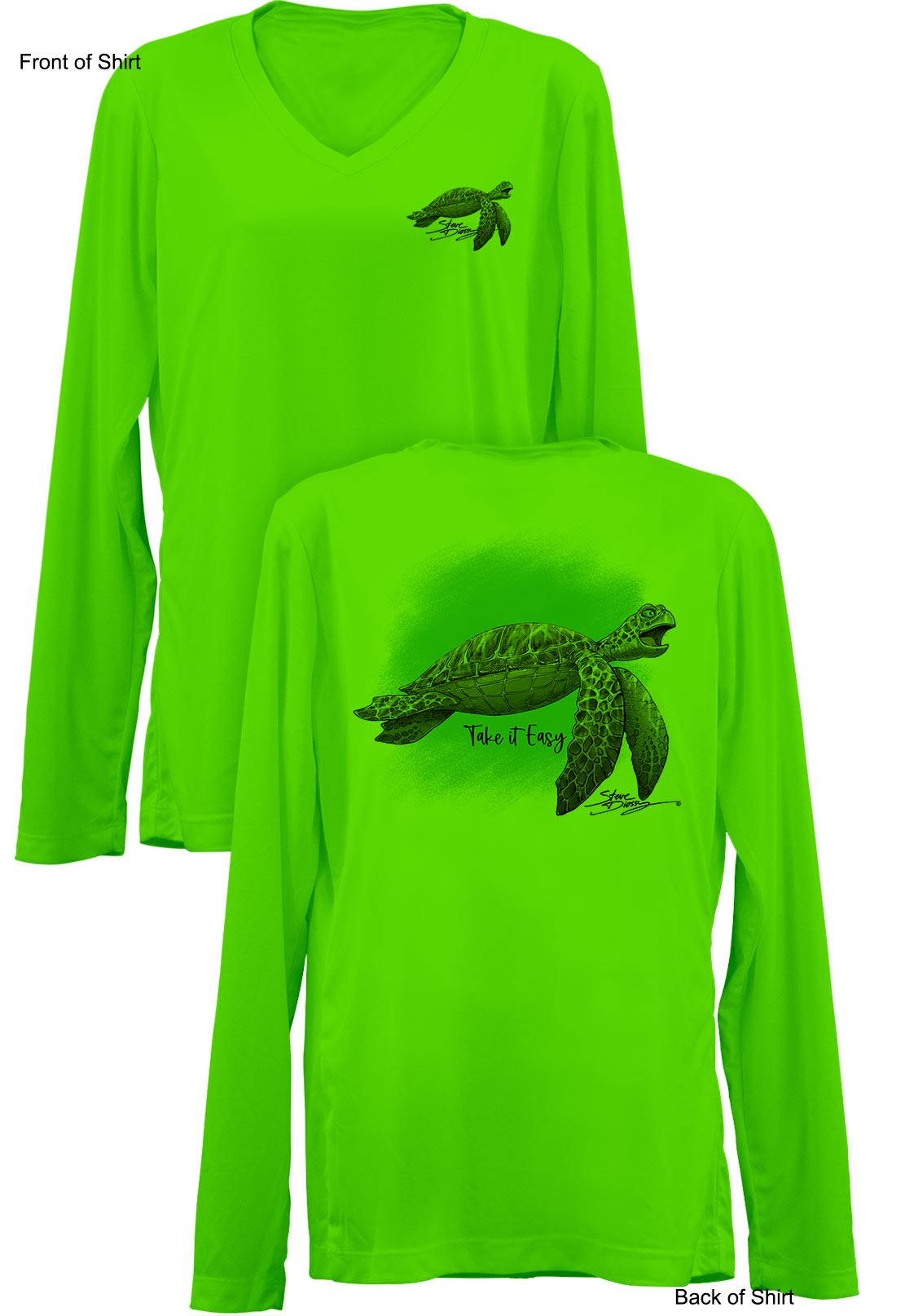 Take It Easy Turtle- Ladies Long Sleeve V-Neck-100% Polyester
