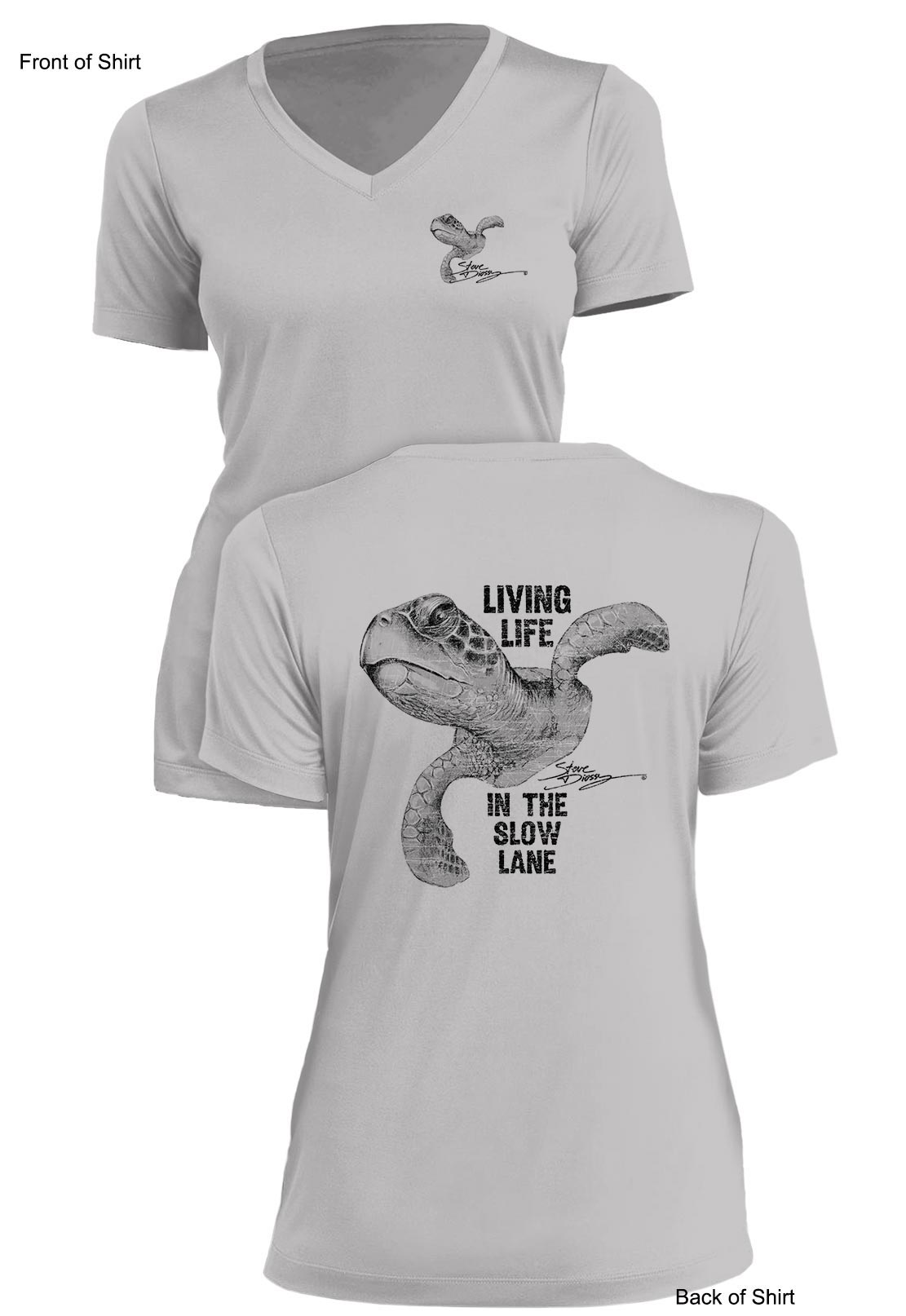 Slow Lane Turtle B&W- Ladies Short Sleeve V-Neck-100% Polyester