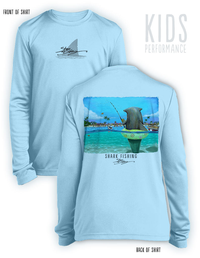 Shark Fishing- KIDS Long Sleeve Performance Shirt- 100% Polyester