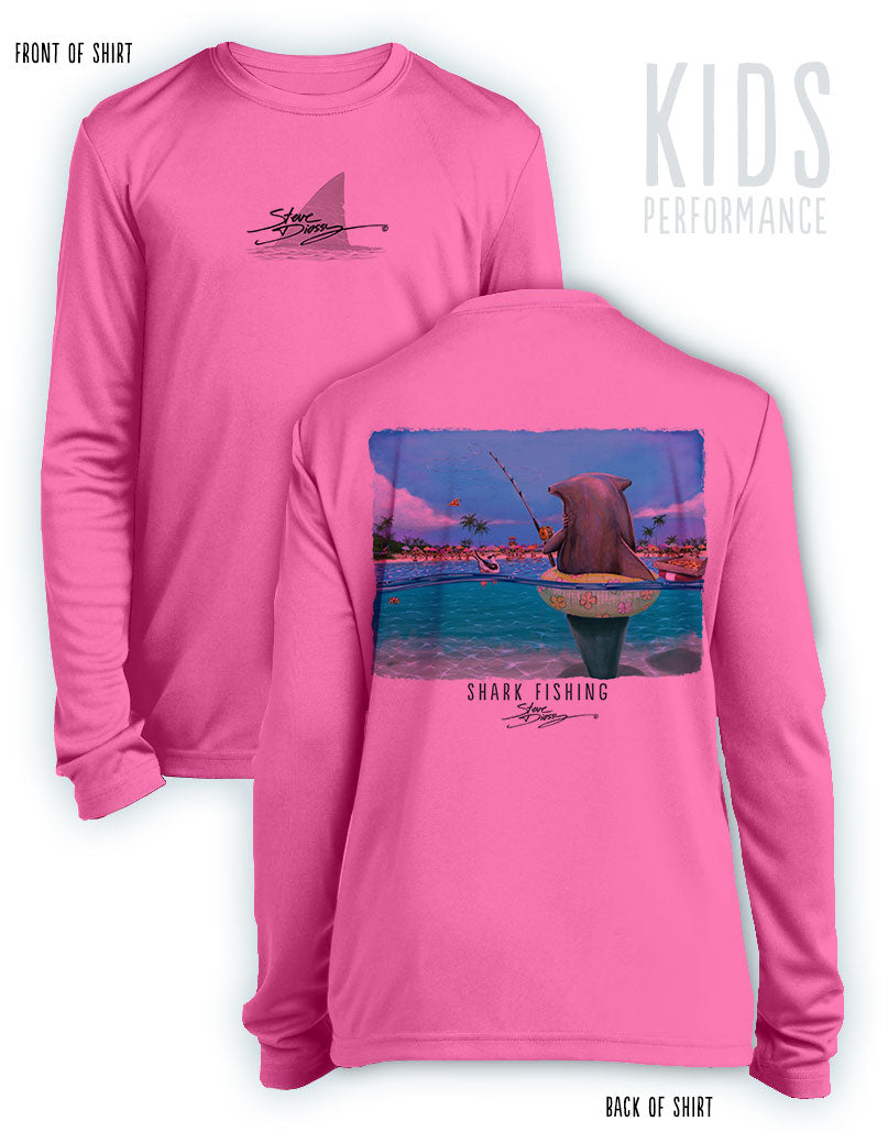 Shark Fishing- KIDS Long Sleeve Performance Shirt- 100% Polyester