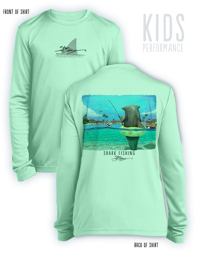 Shark Fishing- KIDS Long Sleeve Performance Shirt- 100% Polyester