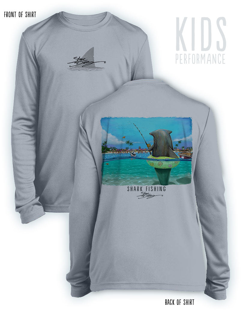 Shark Fishing- KIDS Long Sleeve Performance Shirt- 100% Polyester