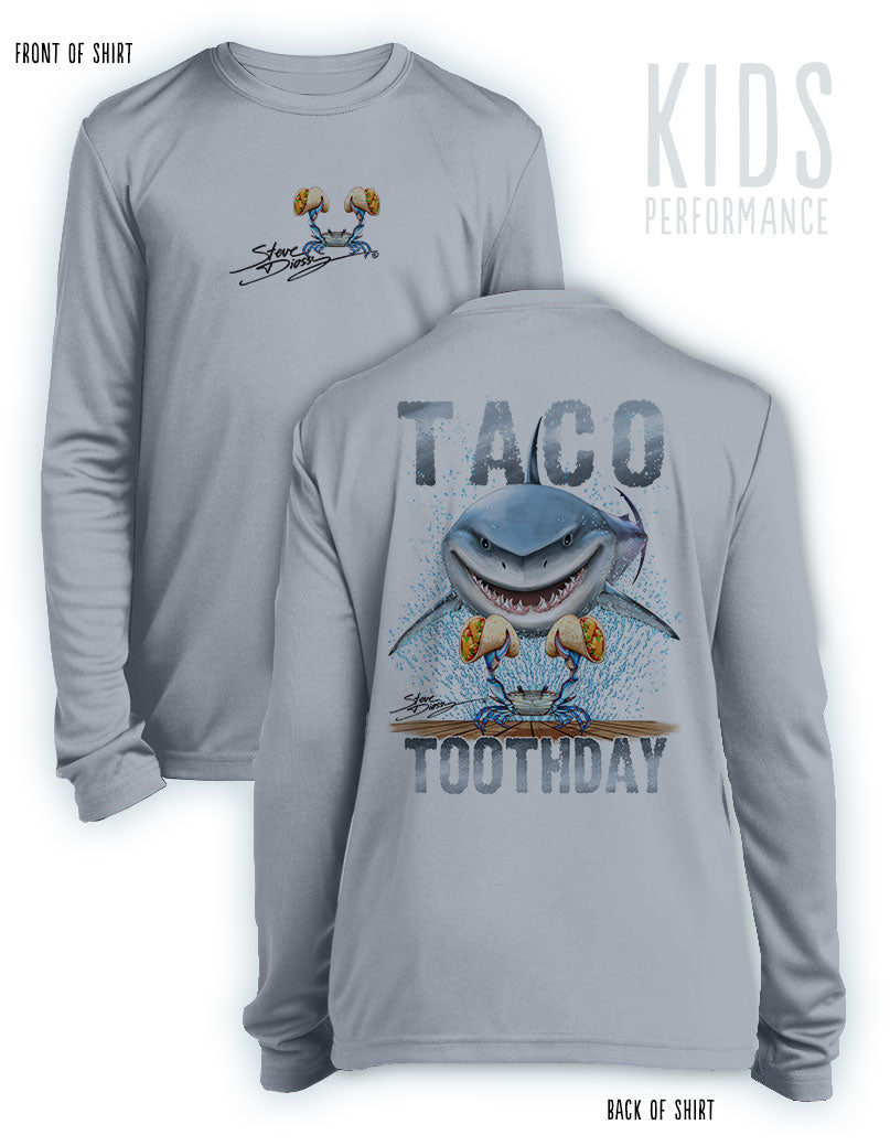 Taco Toothday- KIDS Long Sleeve Performance Shirt- 100% Polyester