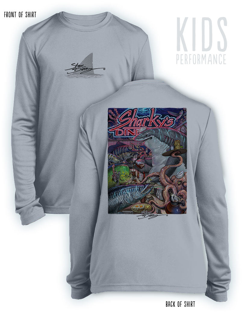 Sharky's Diner- KIDS Long Sleeve Performance Shirt- 100% Polyester