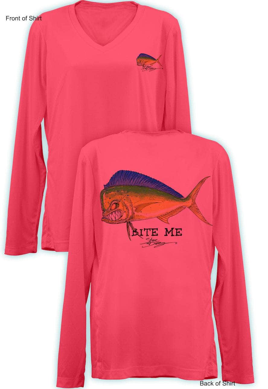 Bite Me Mahi- Ladies Long Sleeve V-Neck-100% Polyester
