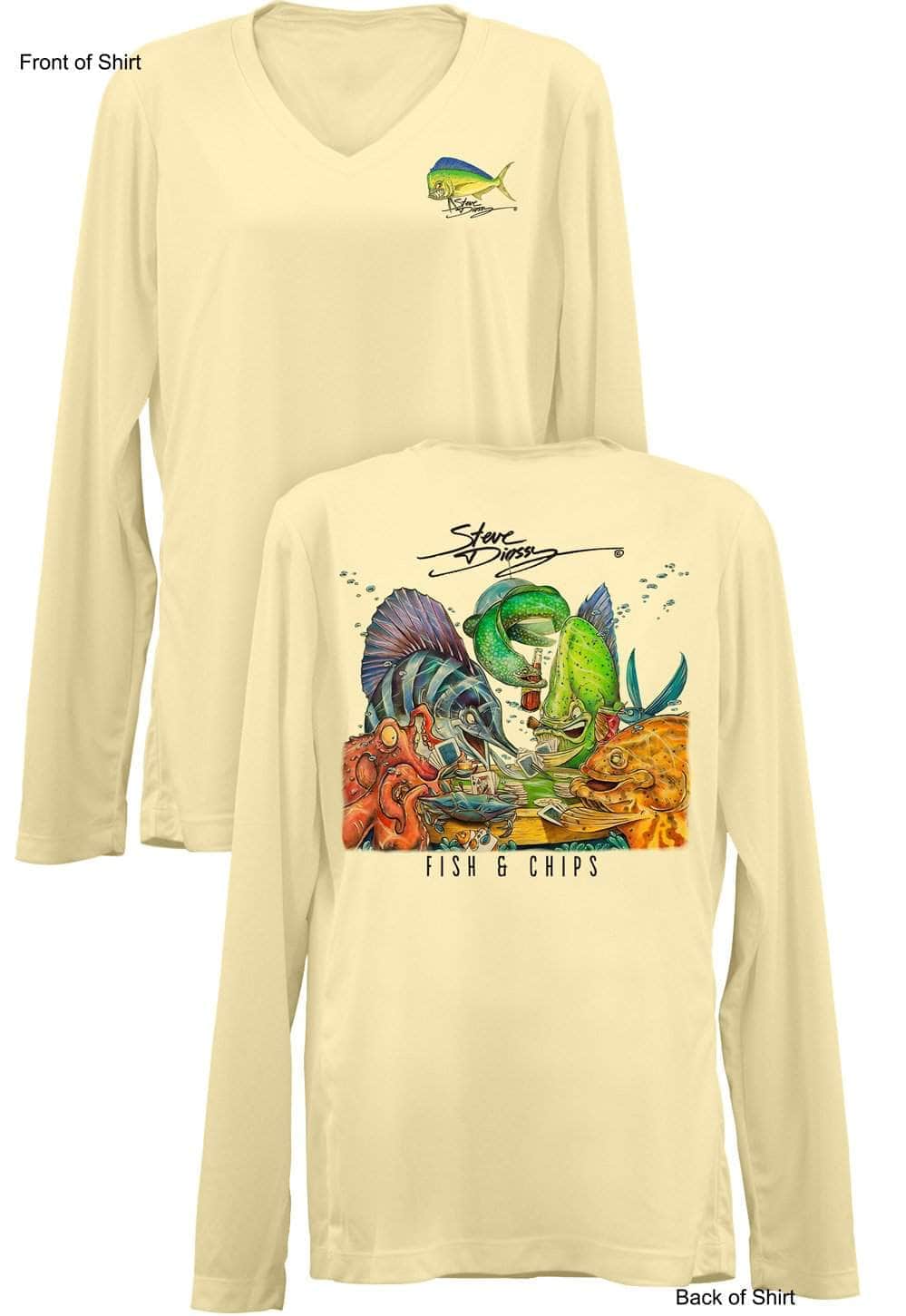 Fish N' Chips- Ladies Long Sleeve V-Neck-100% Polyester