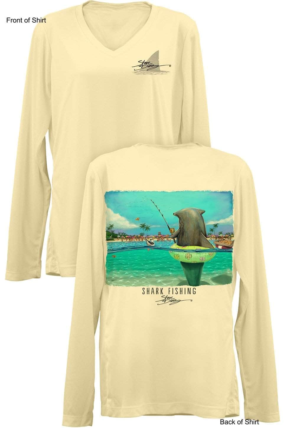 Shark Fishing- Ladies Long Sleeve V-Neck-100% Polyester
