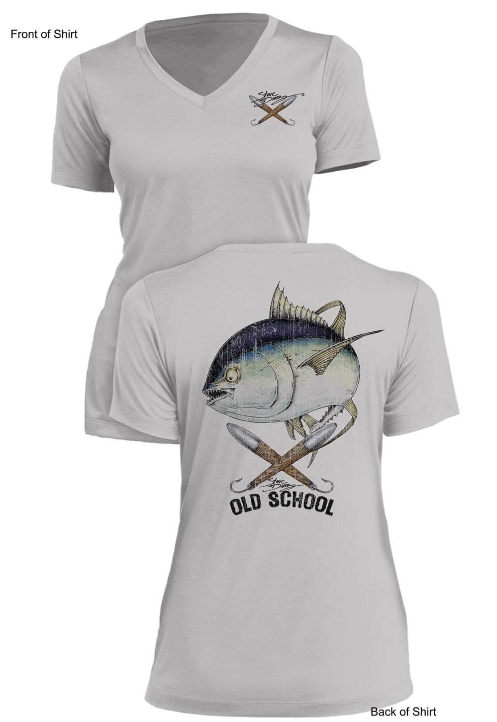 Old School Tuna- Ladies Short Sleeve V-Neck-100% Polyester
