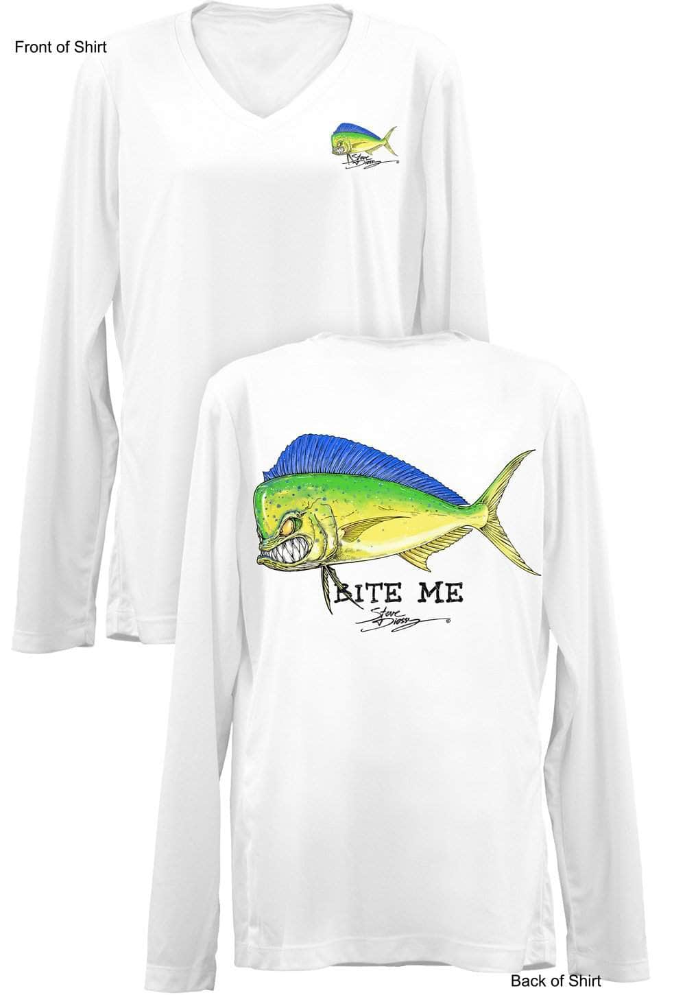 Bite Me Mahi- Ladies Long Sleeve V-Neck-100% Polyester