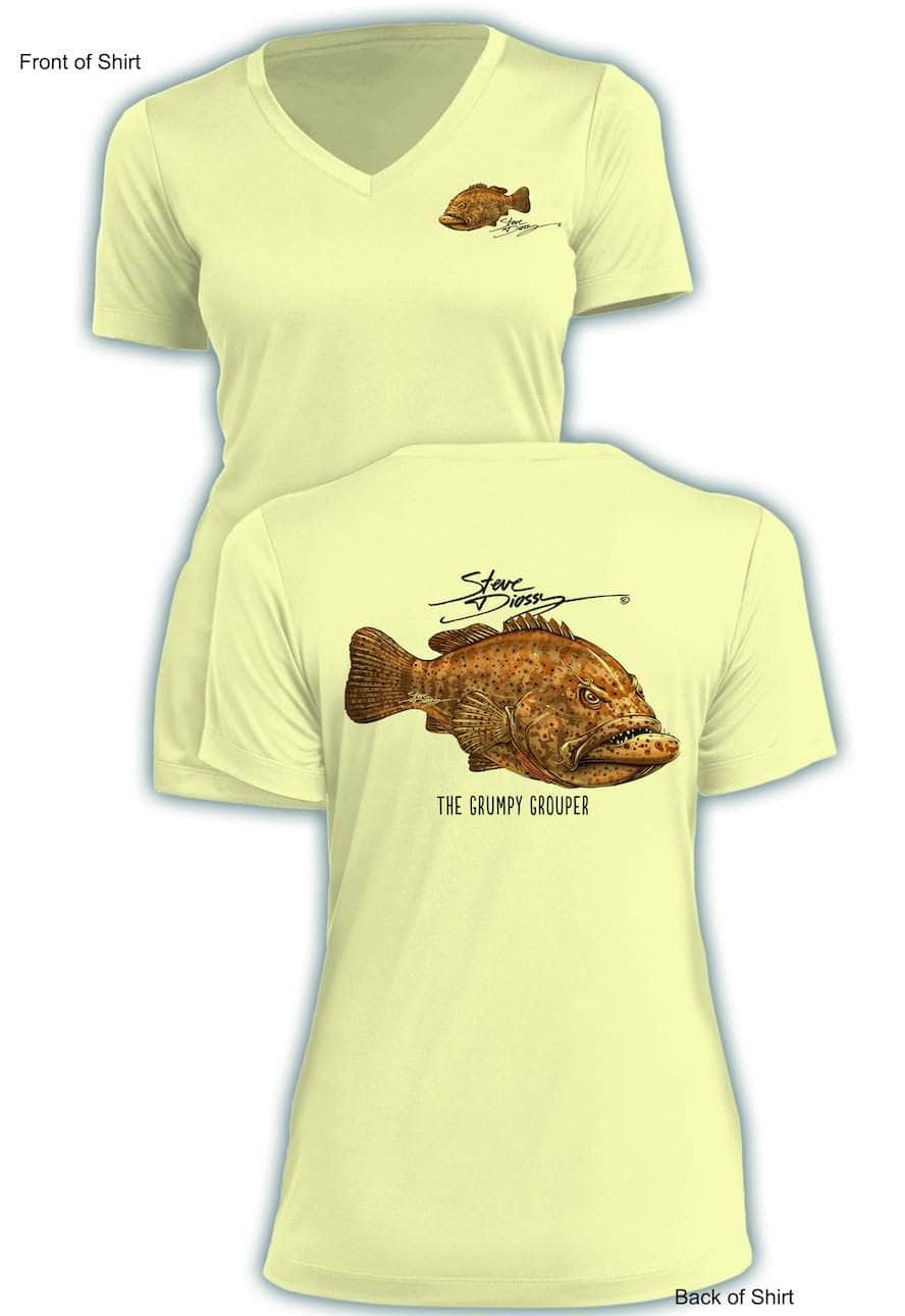 Grumpy Grouper - Ladies Short Sleeve V-Neck-100% Polyester