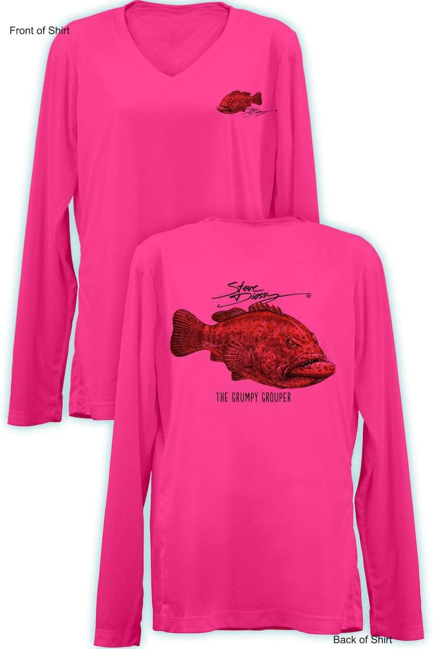 Grumpy Grouper - Ladies Long Sleeve V-Neck-100% Polyester