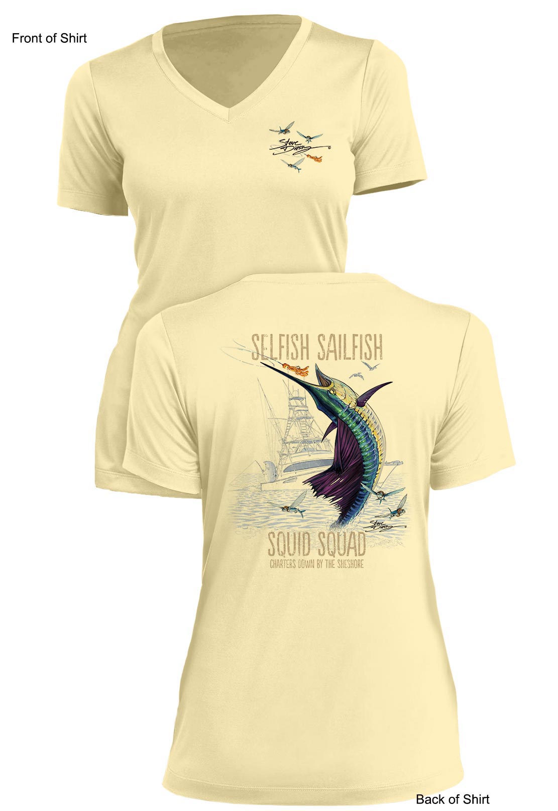 Selfish Sailfish- Ladies Short Sleeve V-Neck-100% Polyester