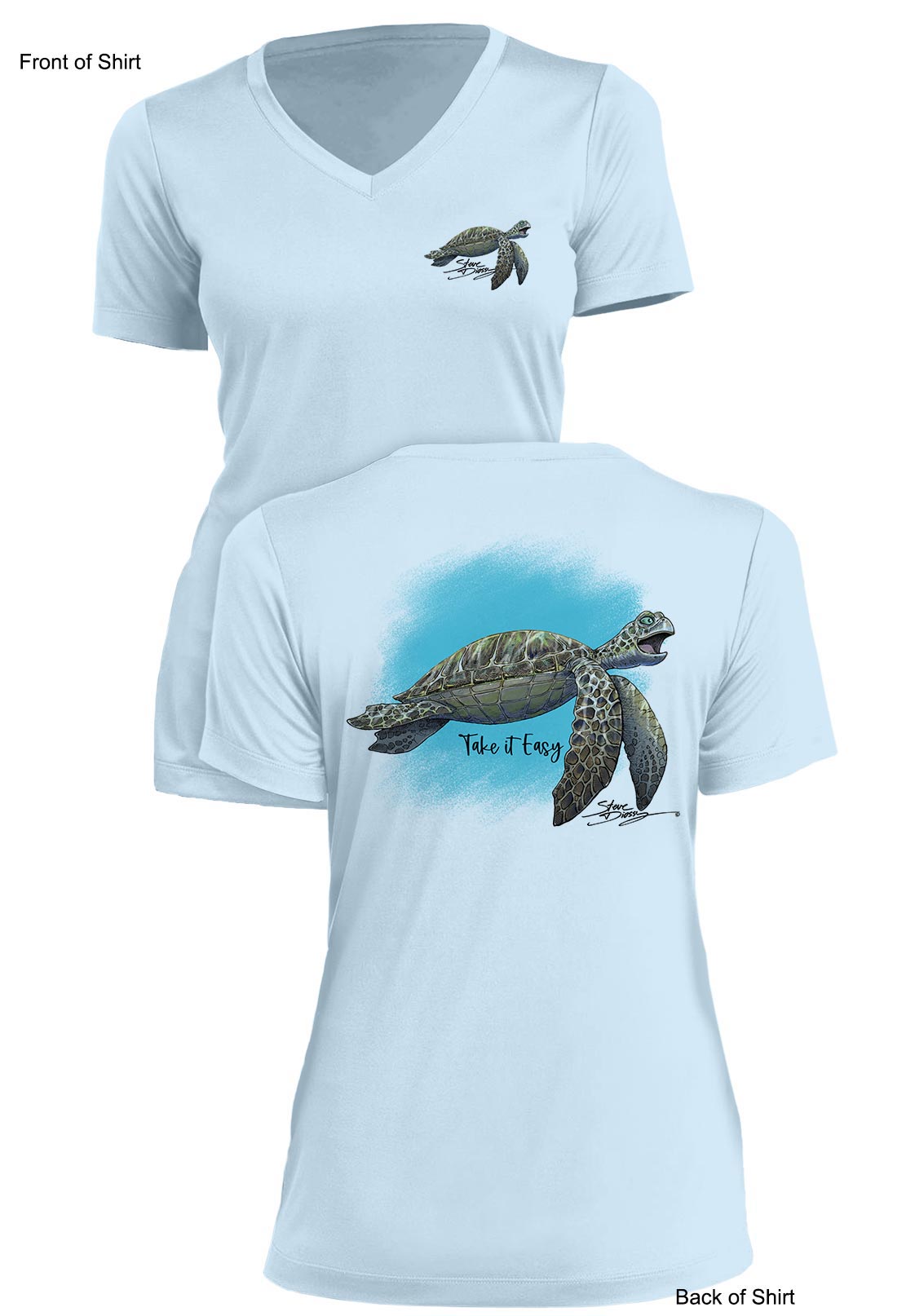 Take It Easy Turtle- Ladies Short Sleeve V-Neck-100% Polyester