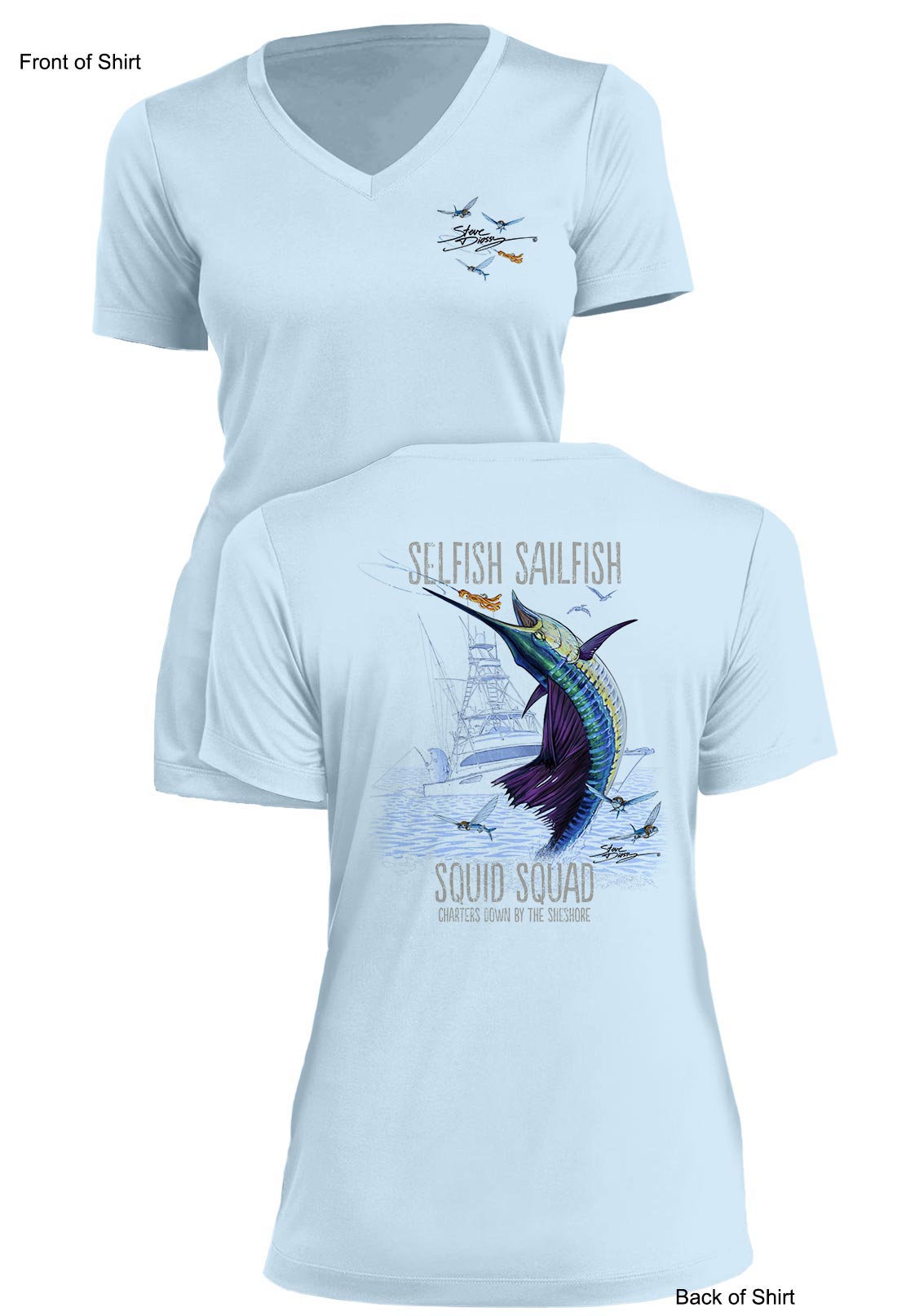 Selfish Sailfish- Ladies Short Sleeve V-Neck-100% Polyester