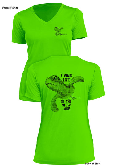 Slow Lane Turtle B&W- Ladies Short Sleeve V-Neck-100% Polyester