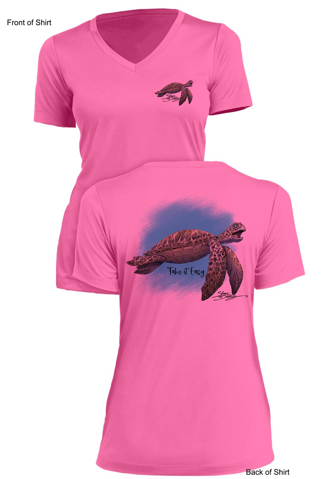 Take It Easy Turtle- Ladies Short Sleeve V-Neck-100% Polyester