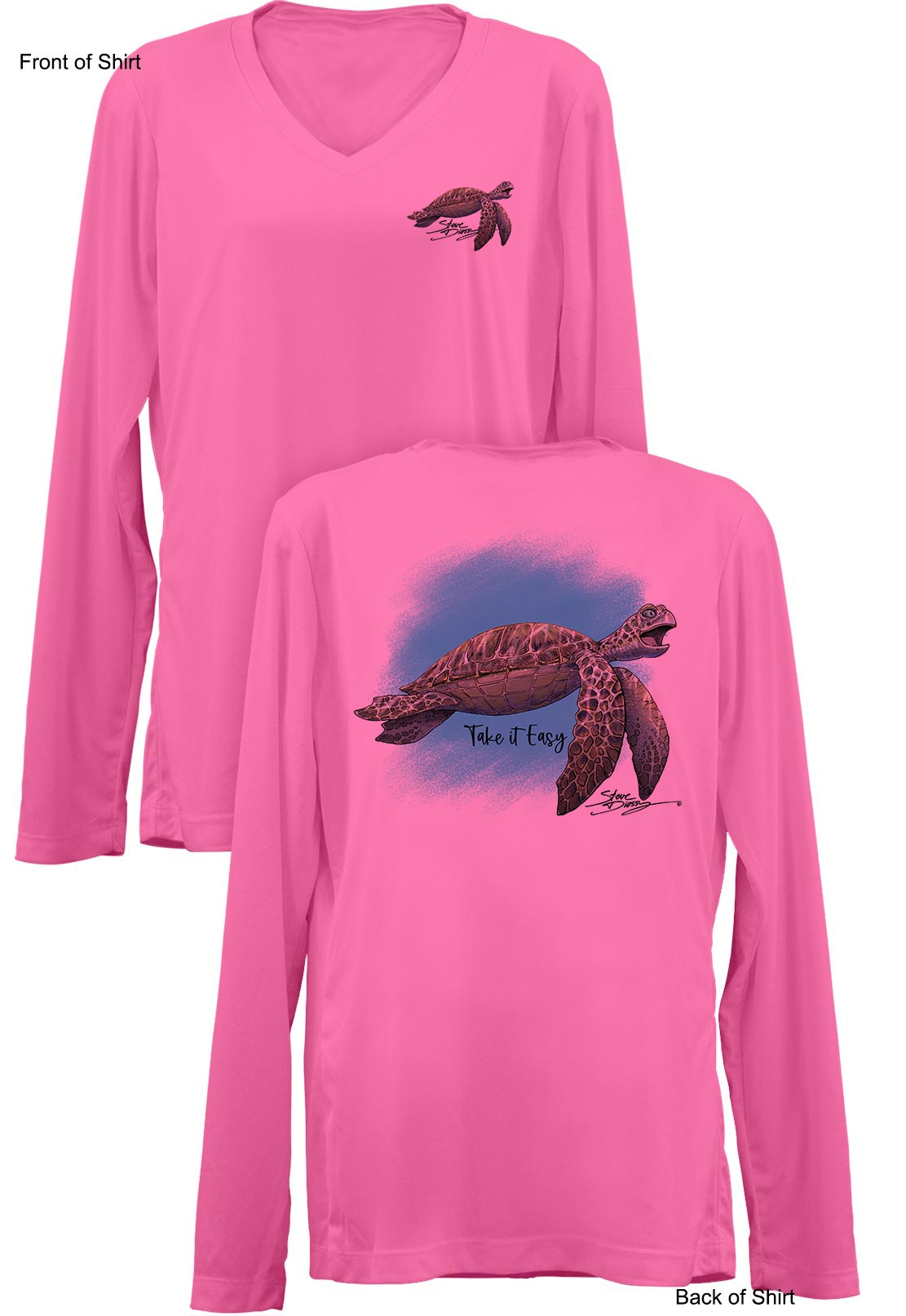 Take It Easy Turtle- Ladies Long Sleeve V-Neck-100% Polyester