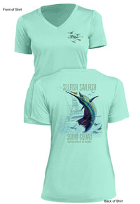 Selfish Sailfish- Ladies Short Sleeve V-Neck-100% Polyester