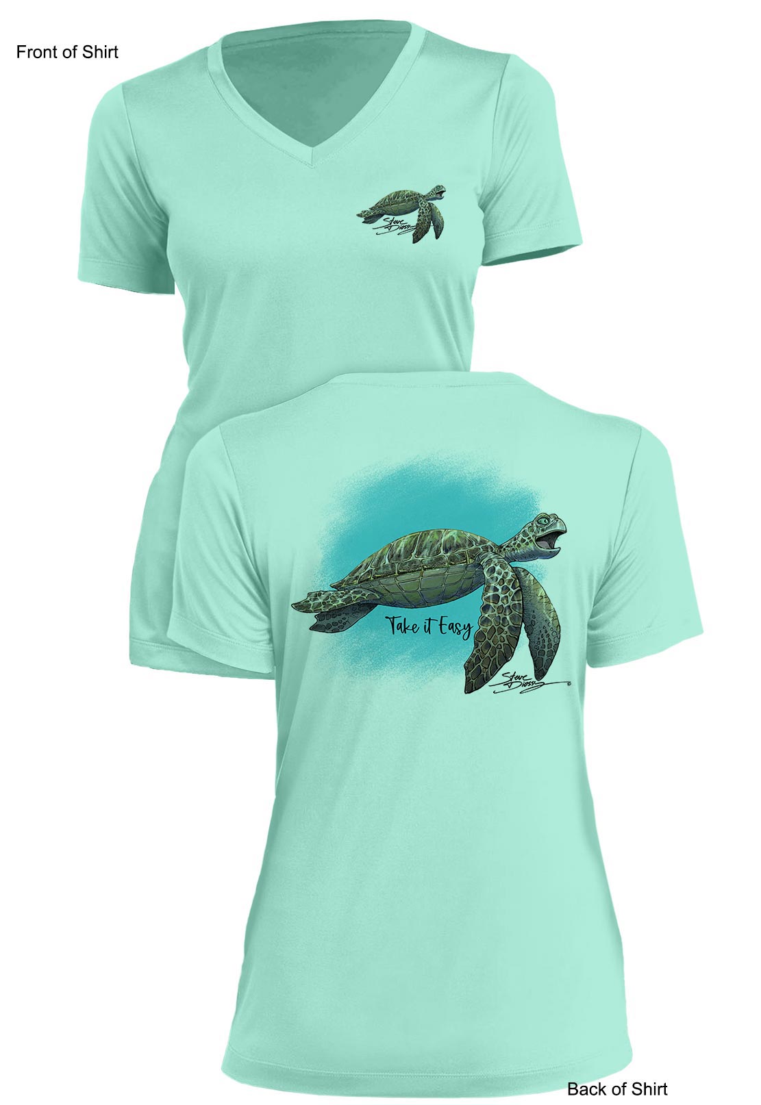 Take It Easy Turtle- Ladies Short Sleeve V-Neck-100% Polyester