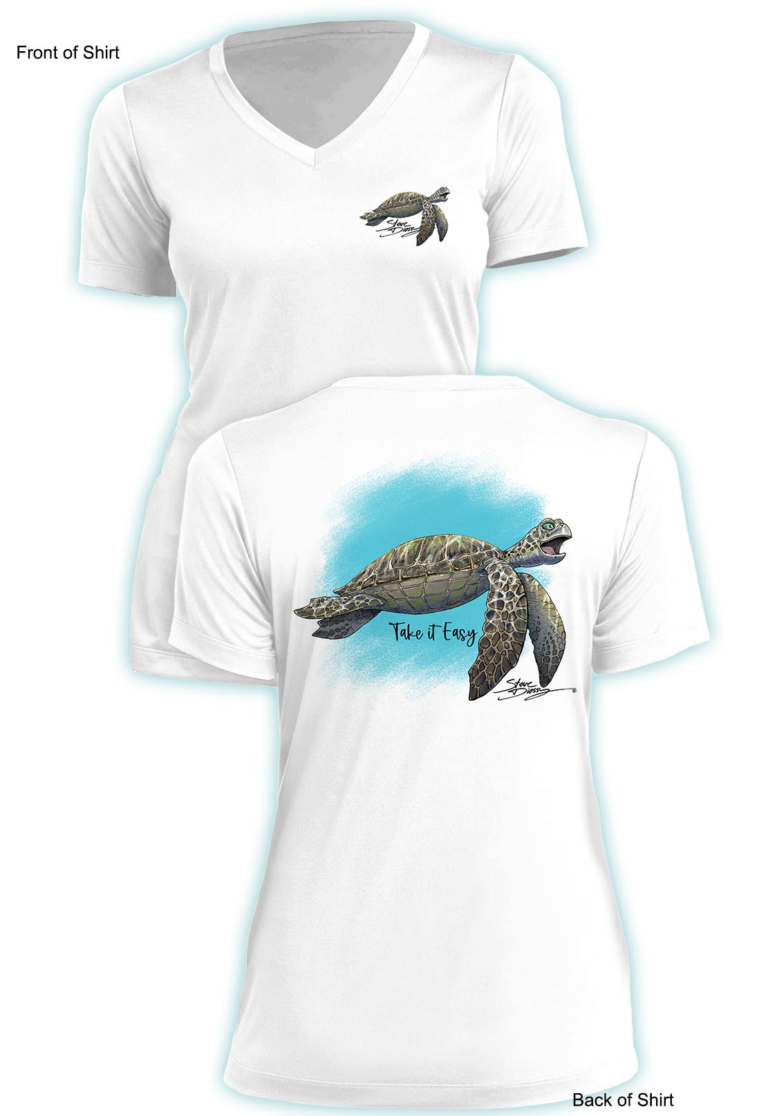 Take It Easy Turtle- Ladies Short Sleeve V-Neck-100% Polyester