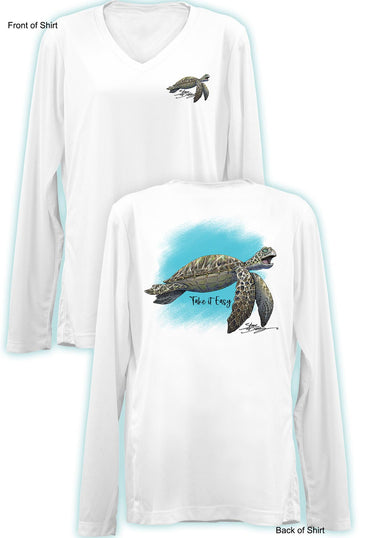 Take It Easy Turtle- Ladies Long Sleeve V-Neck-100% Polyester