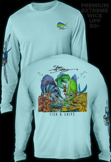 "Fish N Chips" Men's Extreme Wick Long Sleeve Performance Shirt ᴜᴘꜰ-ᴛᴇᴇ