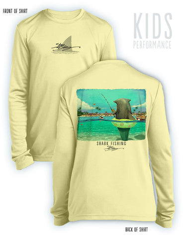 Shark Fishing- KIDS Long Sleeve Performance Shirt- 100% Polyester