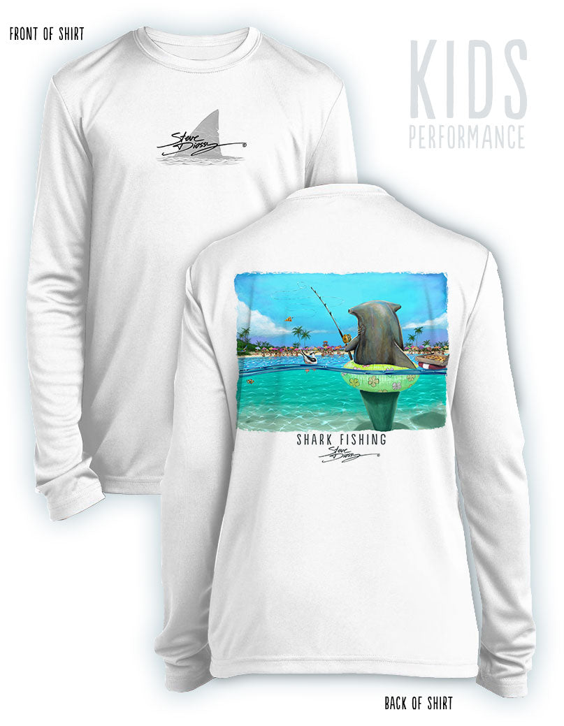 Shark Fishing- KIDS Long Sleeve Performance Shirt- 100% Polyester