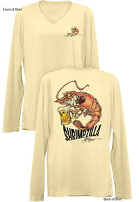 Shrimpzilla- Ladies Long Sleeve V-Neck-100% Polyester