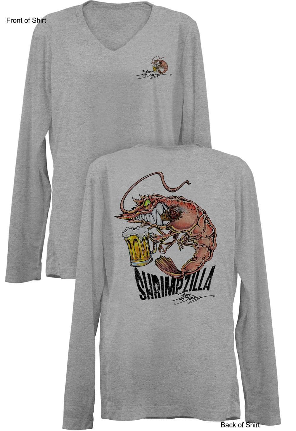 Shrimpzilla- Ladies Long Sleeve V-Neck-100% Polyester