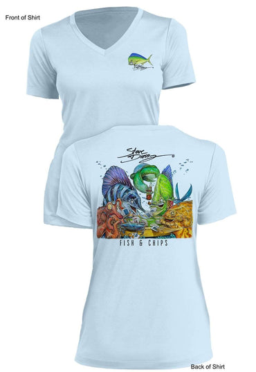Fish N' Chips- Ladies Short Sleeve V-Neck-100% Polyester
