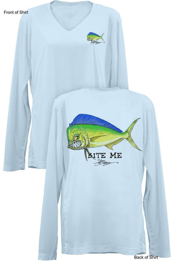 Bite Me Mahi- Ladies Long Sleeve V-Neck-100% Polyester