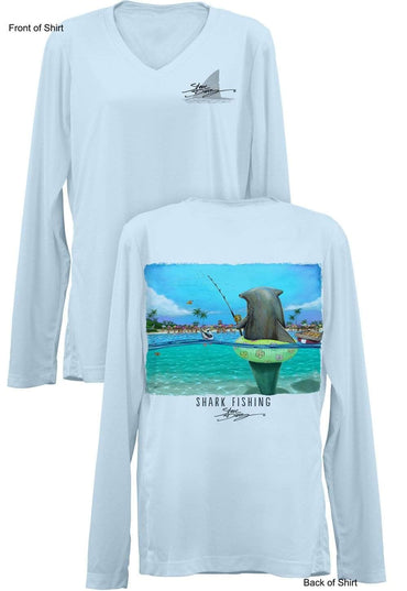 Shark Fishing- Ladies Long Sleeve V-Neck-100% Polyester