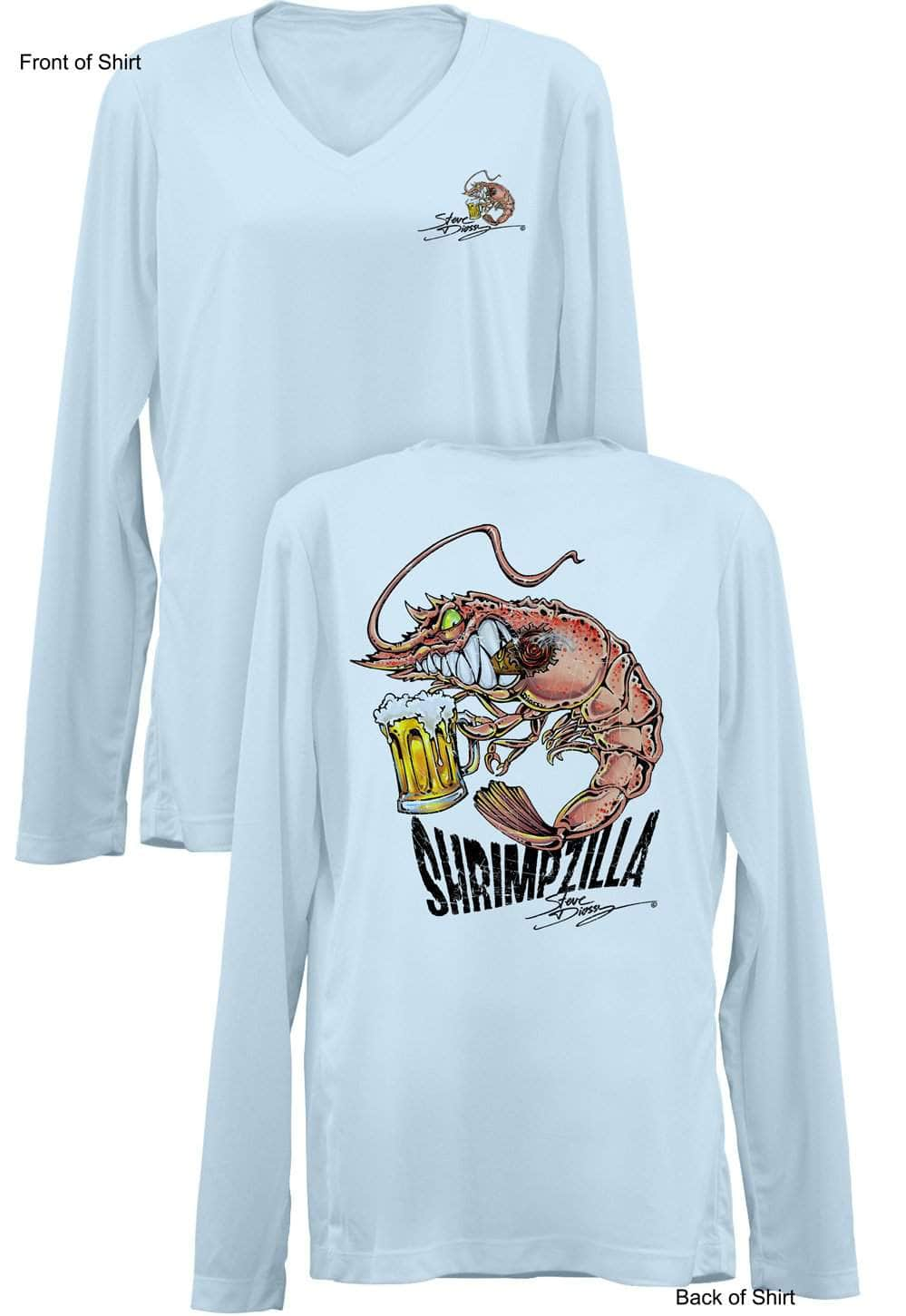 Shrimpzilla- Ladies Long Sleeve V-Neck-100% Polyester