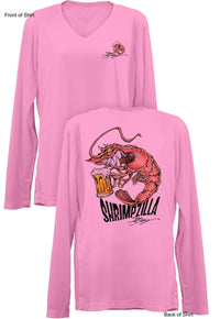 Shrimpzilla- Ladies Long Sleeve V-Neck-100% Polyester