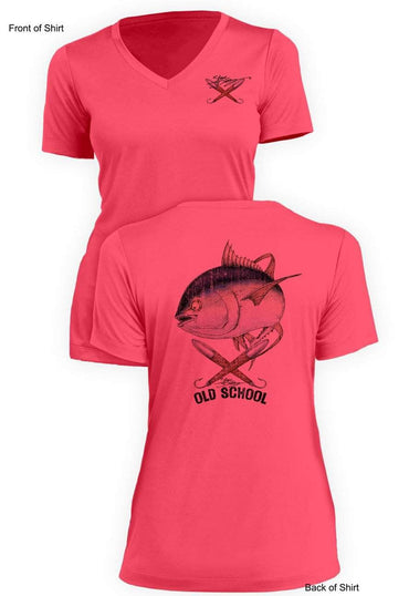Old School Tuna- Ladies Short Sleeve V-Neck-100% Polyester