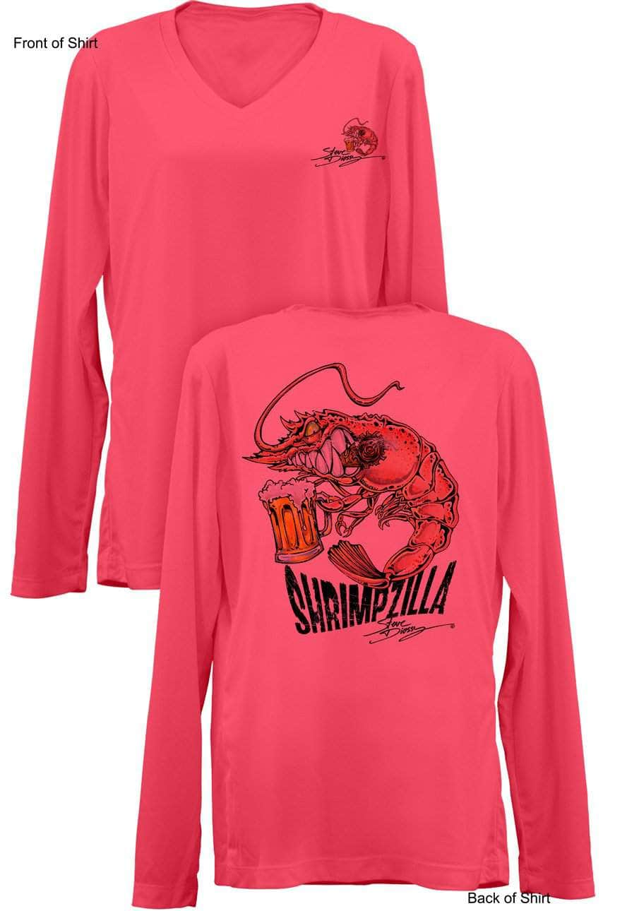 Shrimpzilla- Ladies Long Sleeve V-Neck-100% Polyester