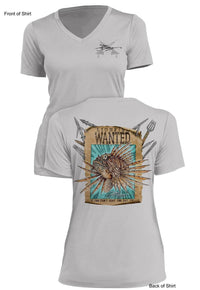Lionfish WANTED-Poster Ladies Short Sleeve V-Neck-100% Polyester