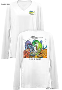 Fish N' Chips- Ladies Long Sleeve V-Neck-100% Polyester