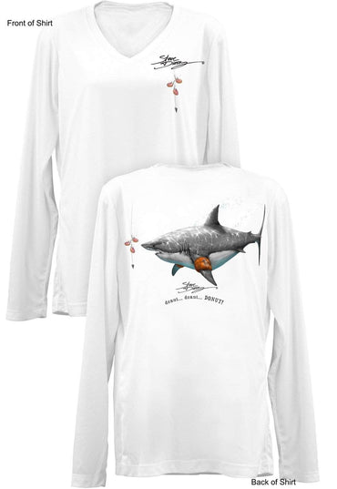 Donut Shark- Ladies Long Sleeve V-Neck-100% Polyester