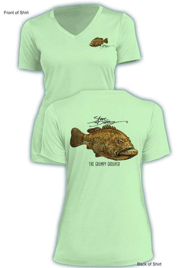 Grumpy Grouper - Ladies Short Sleeve V-Neck-100% Polyester