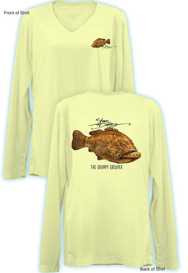 Grumpy Grouper - Ladies Long Sleeve V-Neck-100% Polyester