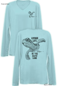 Slow Lane Turtle B&W- Ladies Long Sleeve V-Neck-100% Polyester